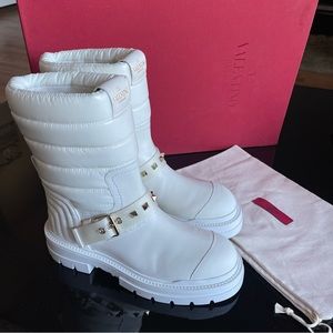 VALENTINO GARAVANI Rockstud Leather Biker Snow Winter Boots White 37.5 $1190 NEW